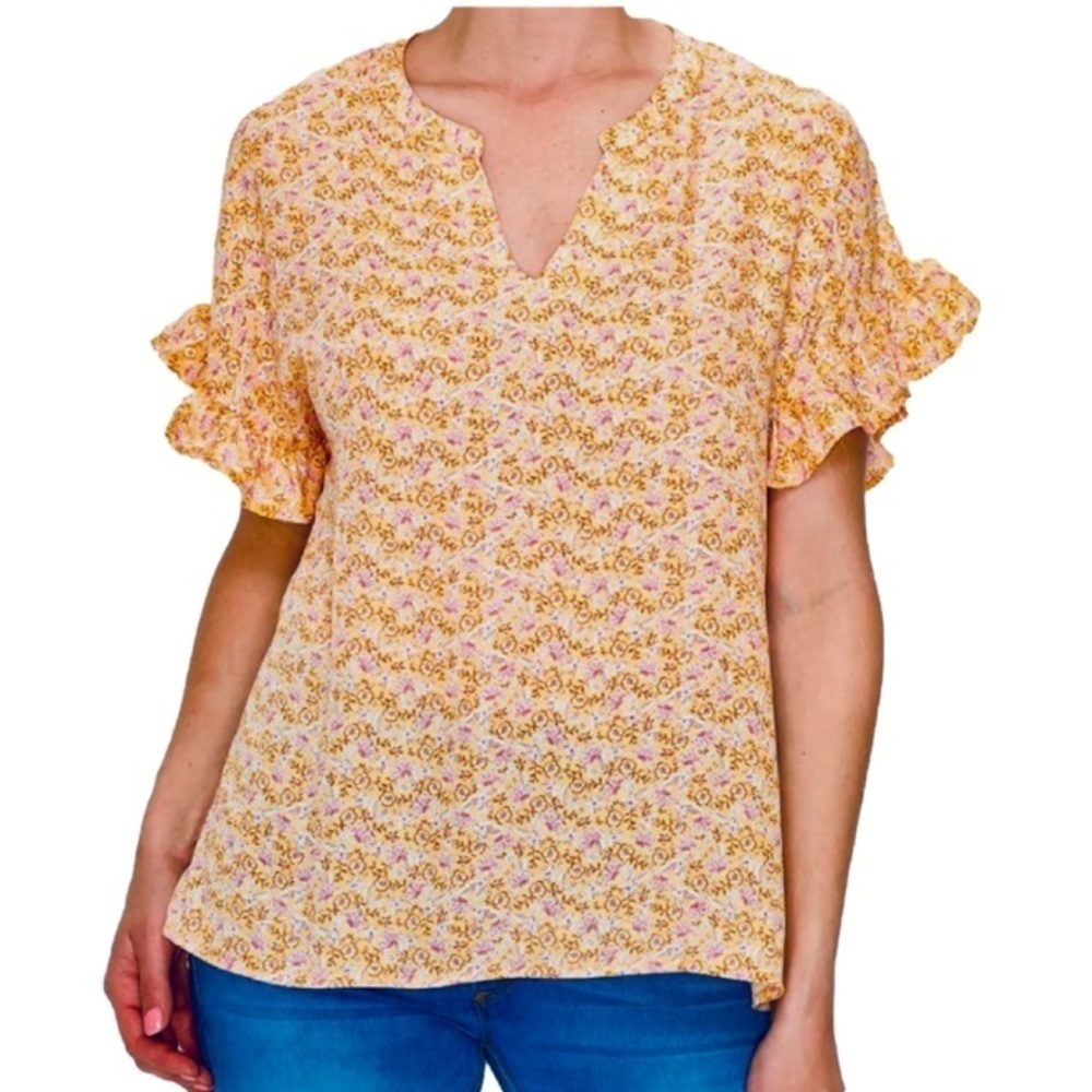 W5 Anthropologie Top Flutter Sleeve V Neck Orange White Pink Floral Women Size M